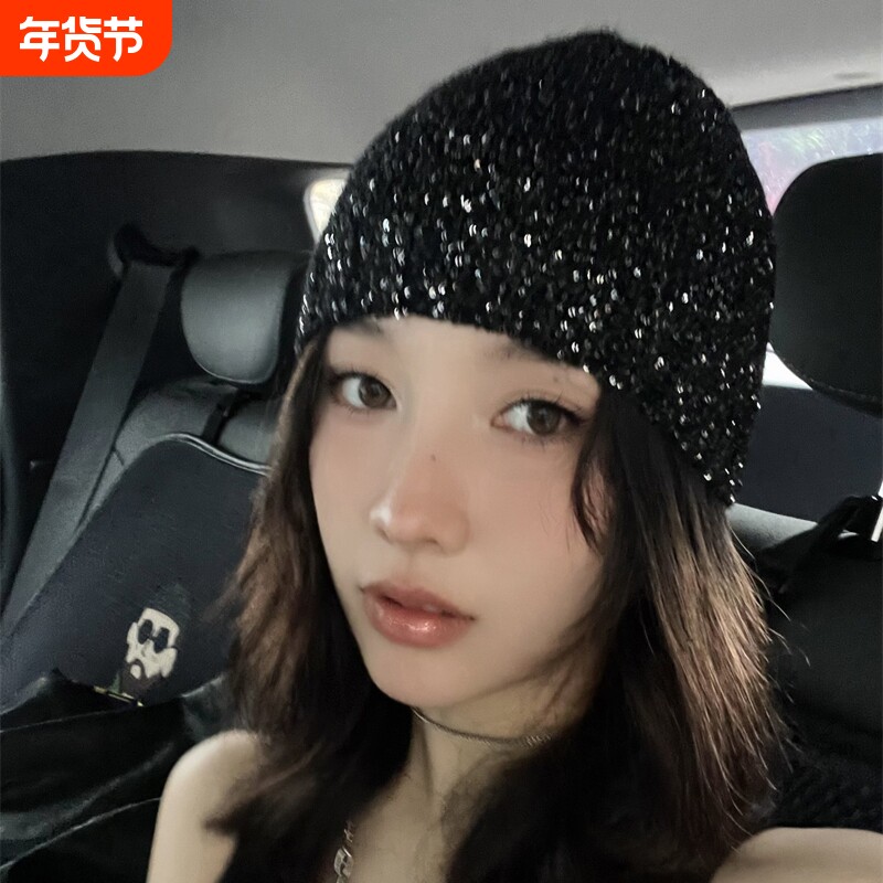 走秀款~权志龙同款亮片冷帽女早秋小香风包头帽ins风针织帽男潮