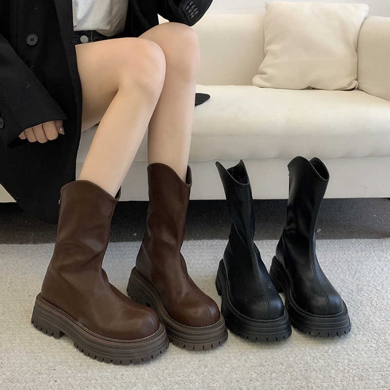 他她女孩品牌真皮棕色厚底马丁靴女2025秋冬新款中筒瘦瘦靴切尔西