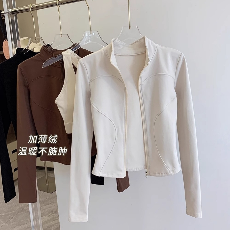 拉链开衫加绒瑜伽外套女秋冬款修身显瘦跑步健身运动上衣速干薄绒