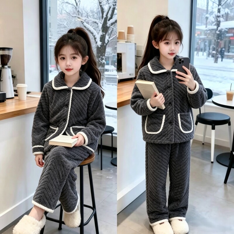 儿童法兰绒睡衣女童可外穿加绒										