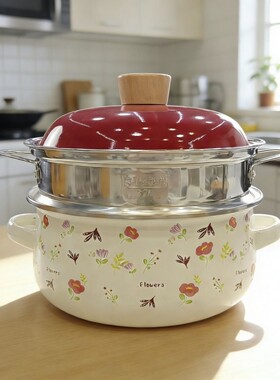 珐琅搪瓷早餐蒸锅20cm双耳汤锅2.5L家用带盖炖锅小火锅