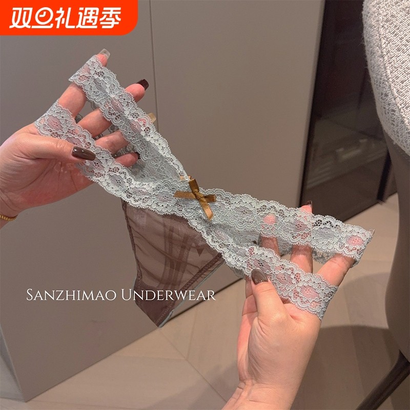 2025新款性感蕾丝丁字裤女低腰网纱蝴蝶结三角内裤纯欲风系带窄边