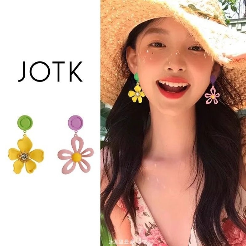 撞色不对称花朵蚊香盘耳夹女无耳洞耳环小众田园度假风多巴胺耳饰