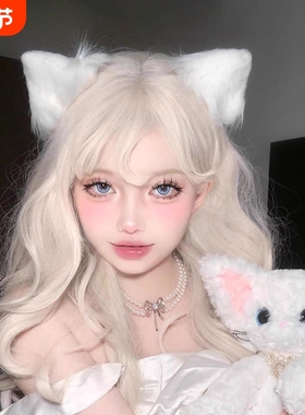 白色毛绒猫耳朵头饰发夹女cos圣诞节立体兽耳KC可爱lolita发饰装