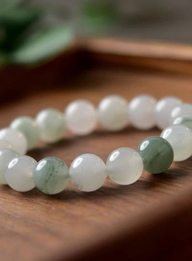 时尚新疆天山翠手串圆珠带翠色真玉石手链送女友妈妈礼物国风精致