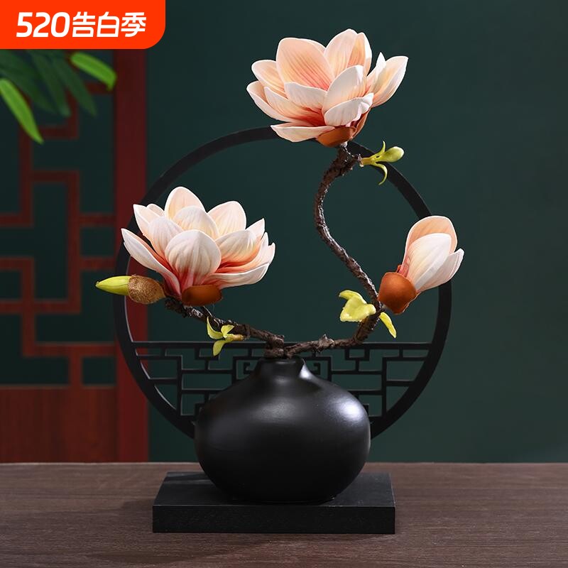 中式陶瓷仿真玉兰花假花花瓶插花客厅展柜电视柜装饰摆件套装摆放