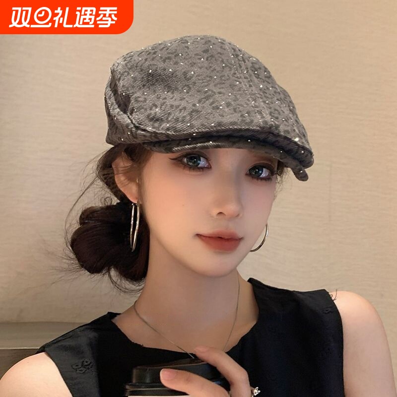 美式复古豹纹前进帽春夏季百搭显脸小贝雷帽街头潮酷反戴鸭舌帽子
