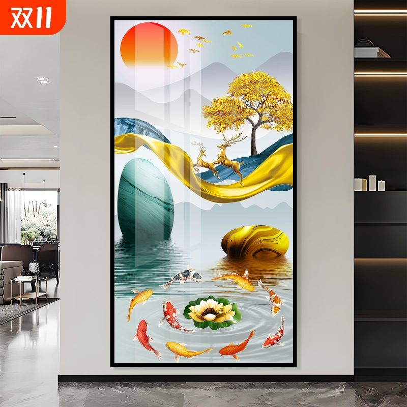 麋鹿入户玄关装饰画客厅墙贴画自粘背景墙走廊墙壁纸画5d立体贴纸图片