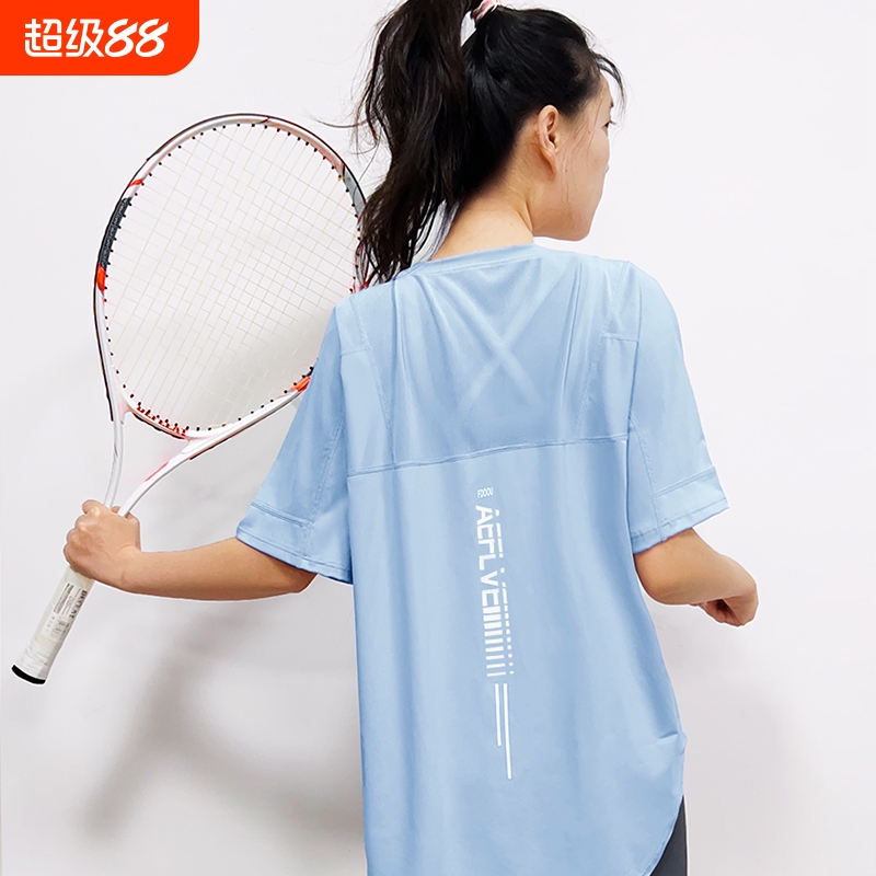 遮臀运动加大码女瑜伽服上衣微胖mm速干宽松健身衣短袖松弛感T恤
