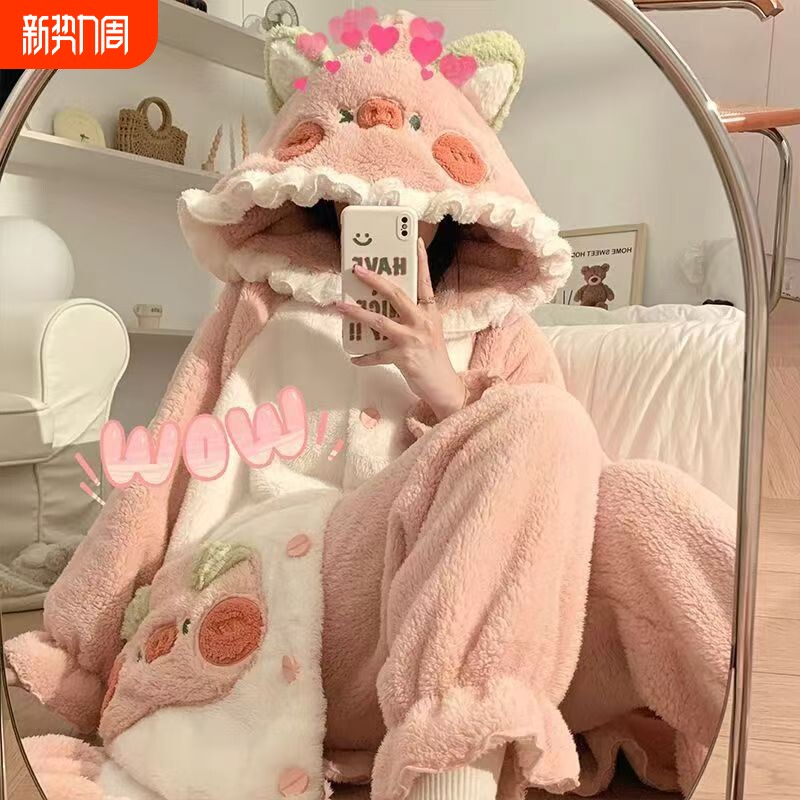 睡衣女款秋冬季珊瑚绒加绒加厚法兰绒浴袍冬天睡袍可爱家居服新款