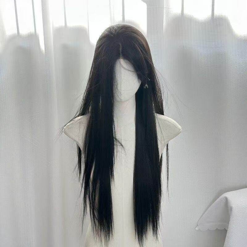 白月光·黑色假发黑长直女全头套小蕾丝八字浏海长发直发万用cos