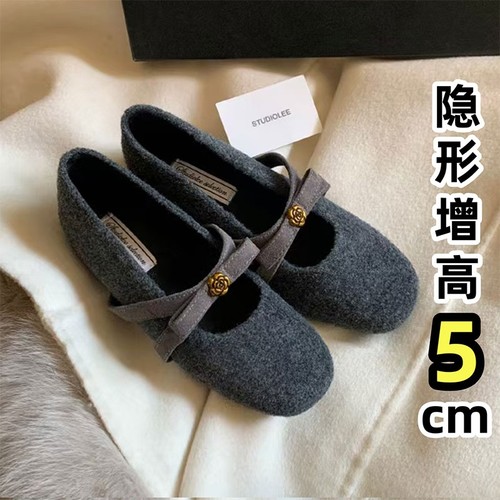 羊绒版~山茶花内增高5cm毛毛玛丽珍鞋子女秋冬加绒蝴蝶结单鞋平底