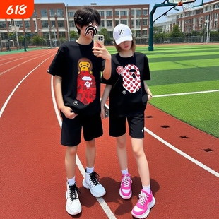 夏季BAPE儿童短袖t恤潮牌男女纯棉宽松猿人头SHARKAPE洋气亲子装