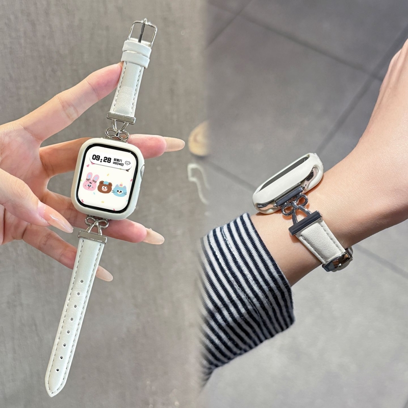 镂空蝴蝶结适用苹果手表s11表带10/9腕带8皮纹ultra3/2/1智能7/6/5/4运动配件金属拼皮iWatch新款女