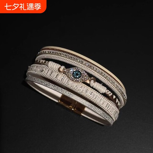 中古风恶魔之眼镶钻皮革手环复古高级感时尚手链手镯波西米亚配饰