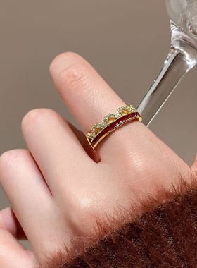 欧饰泥合金锆石轻奢红波浪开口戒