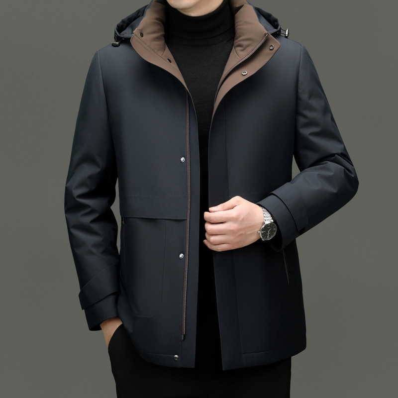 连帽羽绒服男短款冬季加厚保暖中年爸爸装可拆卸帽白鸭绒外套