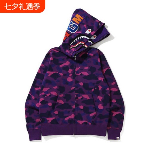潮牌APE连帽卫衣双帽开衫拉链冬高版本SHARK APE鲨鱼迷彩外套亲子