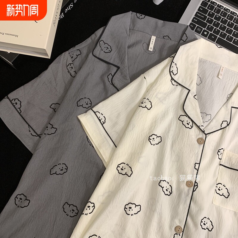 红豆日系纯棉纱情侣睡衣三件套男女夏季短袖学生休闲大码家居短裤