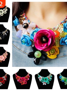 欧美花项链彩色花朵宝石吊坠绳编织项链短锁骨夸张女配饰品项链