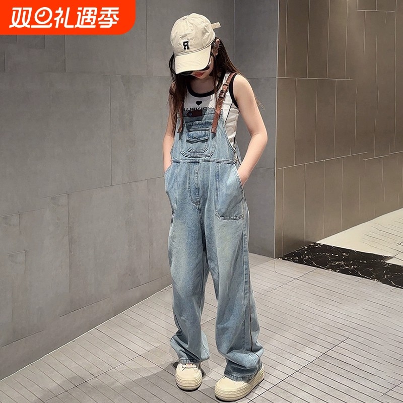 童装女孩牛仔背带裤中大童春秋季洋气时髦阔腿裤子女童休闲长裤潮