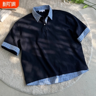 新款 藏蓝色假两件拼接格纹polo衫 夏季 衬衫 户外休闲运动上衣 短袖