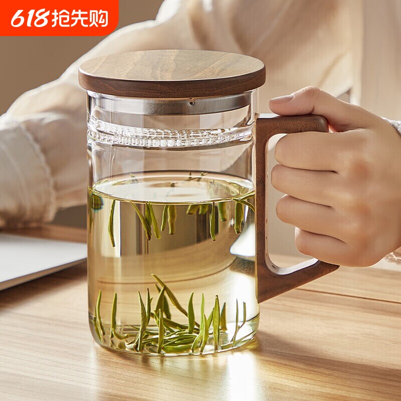 玻璃茶杯耐高温高硼硅绿茶月牙杯过滤一体家用茶水分离杯子带盖