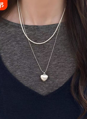 简约百搭拉丝爱心珍珠叠戴项链女轻奢小众高级感锁骨链银白色颈链
