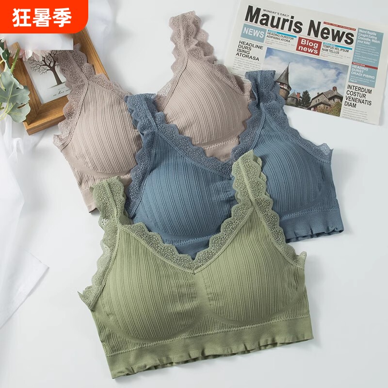 抹胸无钢圈内衣女背心式蕾丝小胸美背内搭运动文胸罩聚拢绿色海绵