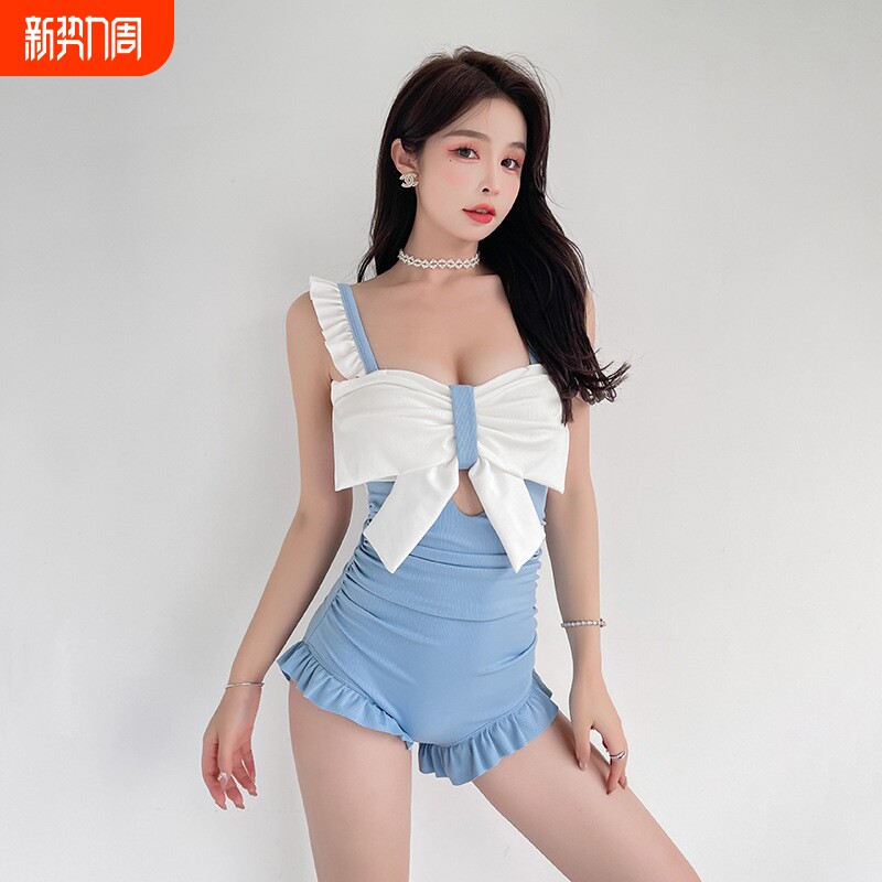 泳衣女纯欲风连体泳装夏荷叶边保守高腰性感超仙小香风游泳衣批发