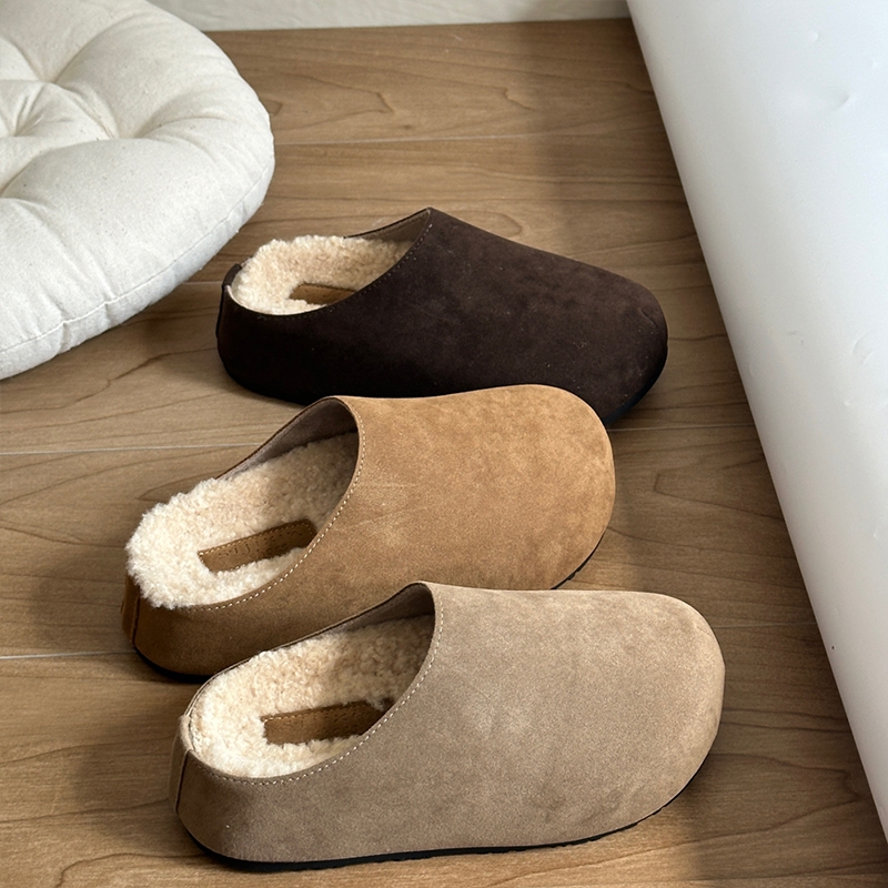复古厚底增高勃肯鞋女外穿加绒保暖内增高森系毛毛包头半拖鞋防水