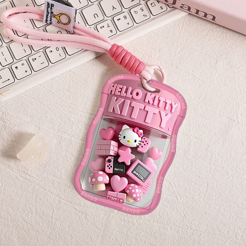 3D平面小零件粉爱心KT猫感应卡套学生滑盖卡套饭卡地铁小区卡包公交卡工作证学生校园卡NFC感应卡套