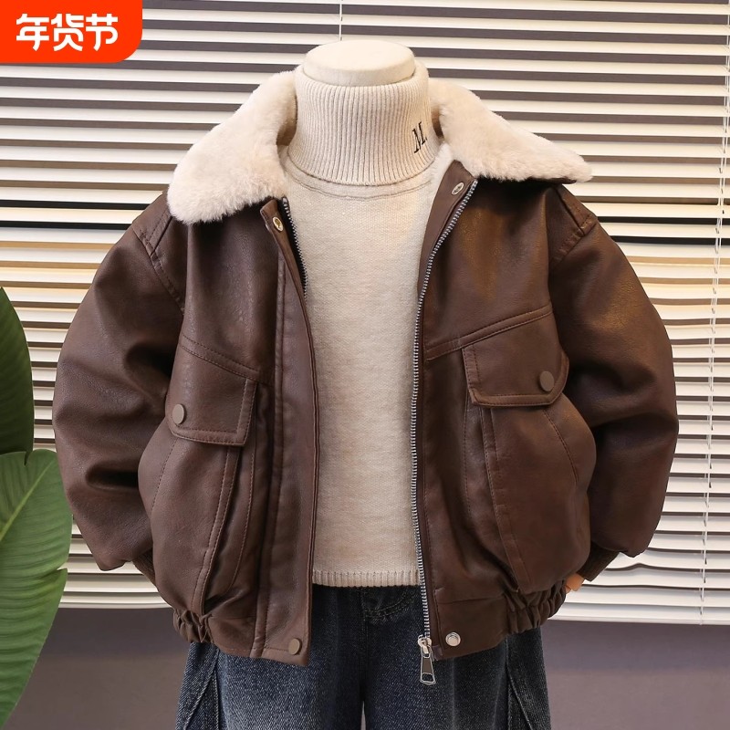 新款2025保暖冬装男童加绒皮衣外套秋冬儿童上衣男孩机车夹克黑色