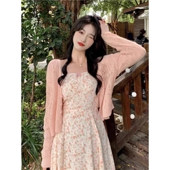 韩系温柔粉色镂空针织开衫薄款外套女春夏吊带裙外搭披肩防晒罩衫