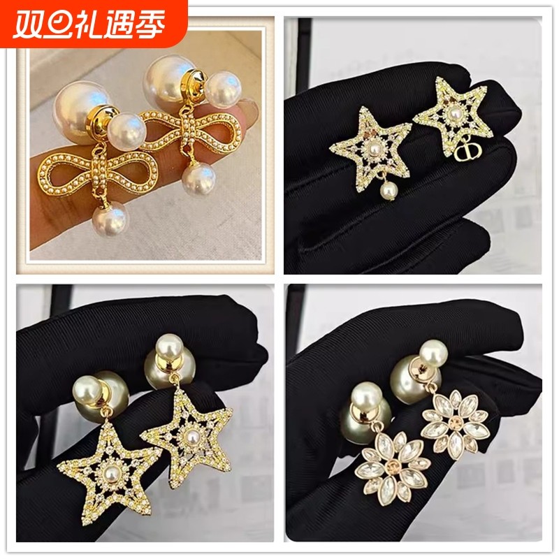 高定D家圣诞新款五角星珍珠耳环女CD款吊坠雪花耳钉耳饰品月亮