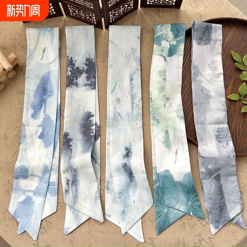 国风复古丝巾水墨发带扎头发头绳丝带长条飘带绑头巾韩版百搭