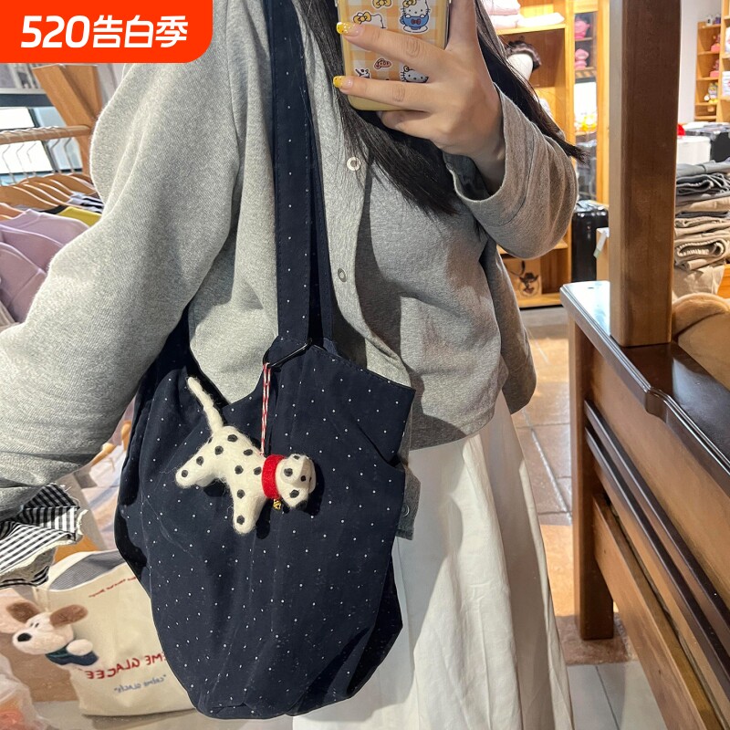 韩系波点帆布包2026新款慵懒风黑色百搭通勤布袋单肩托特包大容量