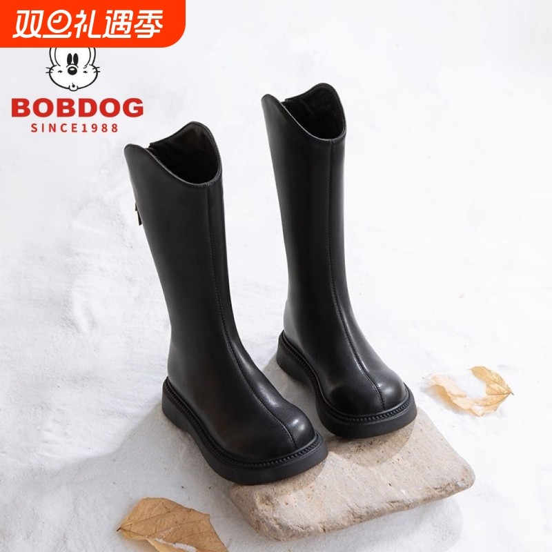巴布豆真皮女童长靴202秋冬新款儿童公主长筒单靴中大童中筒靴子