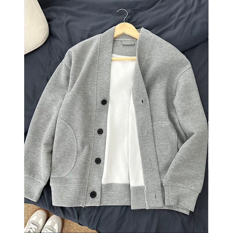 日系复古慵懒风灰色华夫格V领开衫卫衣男秋冬季休闲帅气运动外套