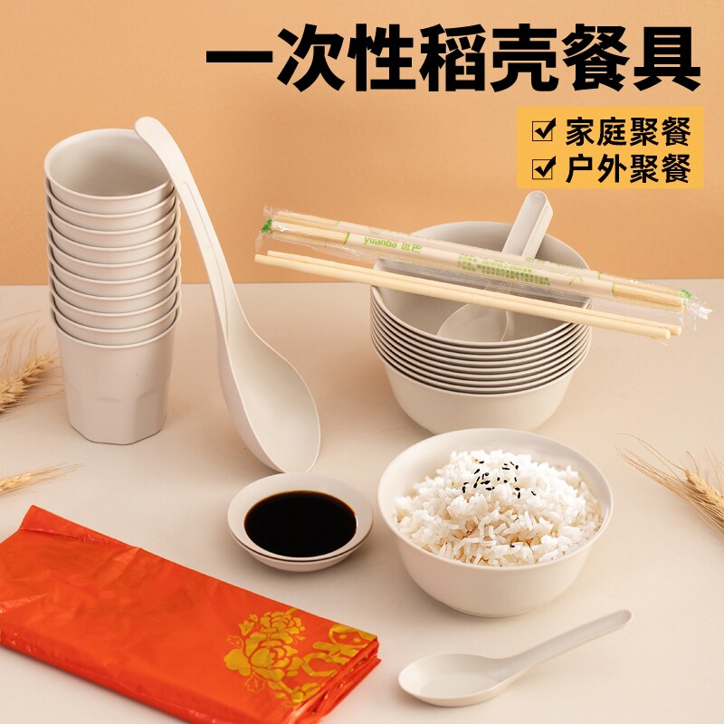 稻壳一次性餐具碗筷杯子套装户外野餐露营烧烤四件套可微波勺子