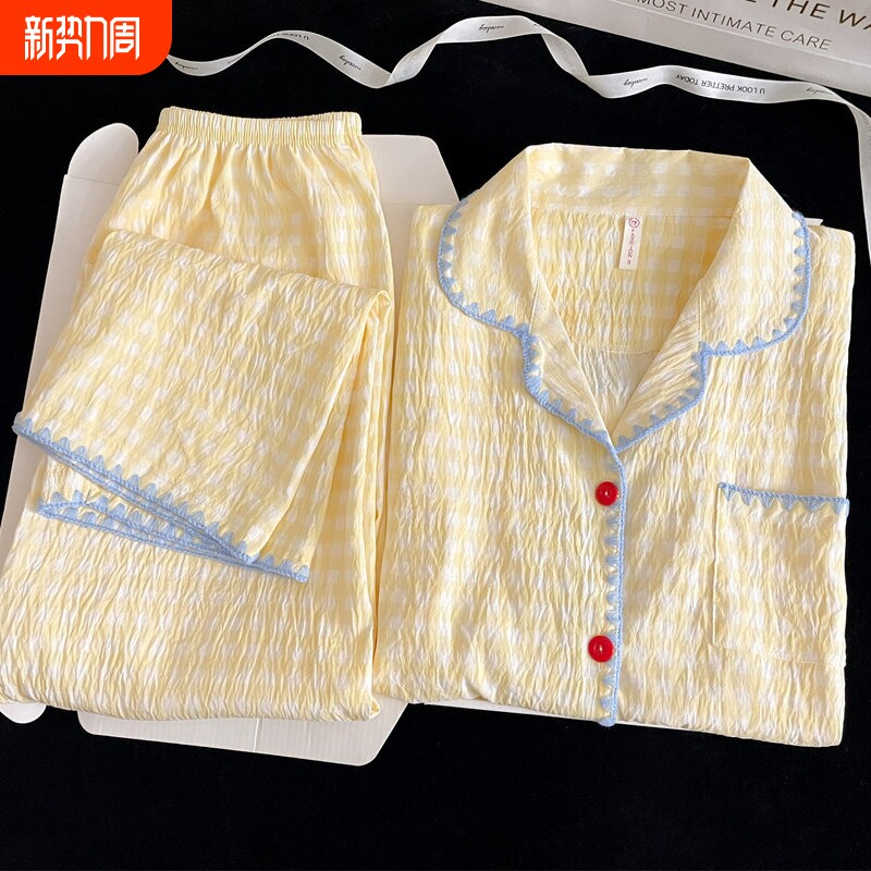 红豆甜美奶黄格子大码睡衣女春秋季长袖云朵纯棉纱蓝色花边家居服