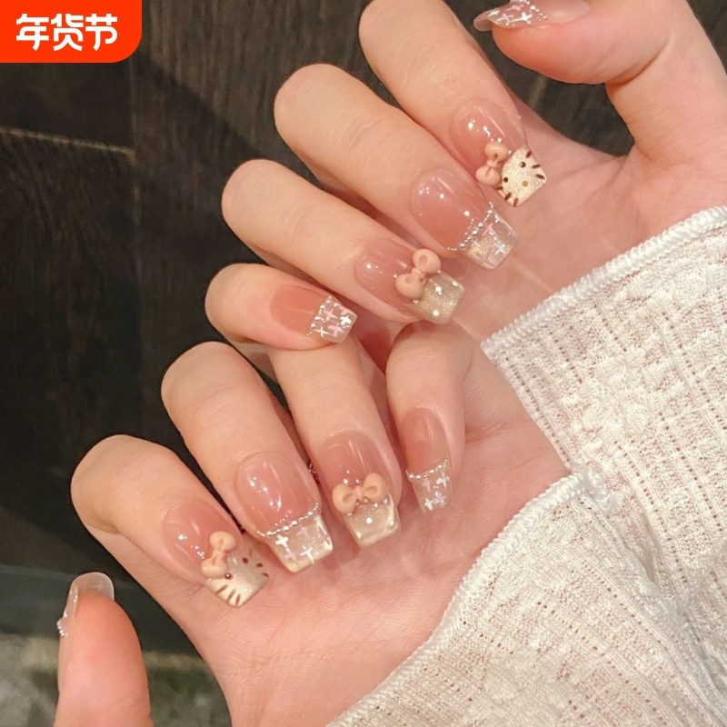 美甲穿戴甲可爱kt显白高级猫眼手工香风短款蝴蝶结法式温柔爆闪