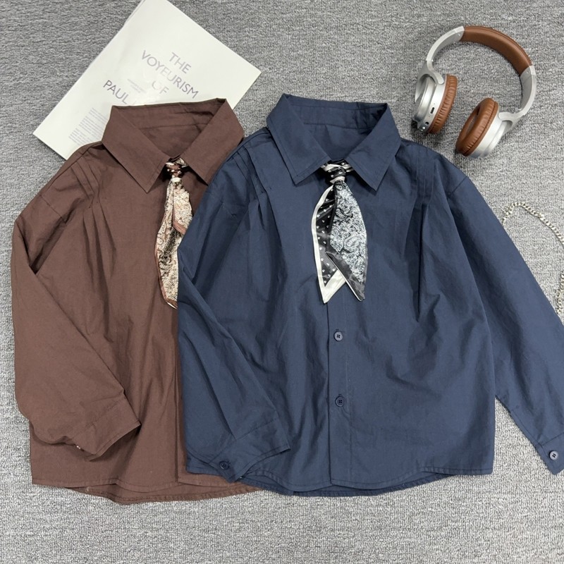 tgc2025秋季儿童休闲薄外套中大童男童春秋深蓝宽松领带衬衫上