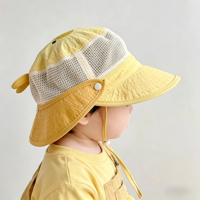 婴儿帽子夏季遮阳帽渔夫帽男童女宝宝网大檐可拆披肩儿童透气速干