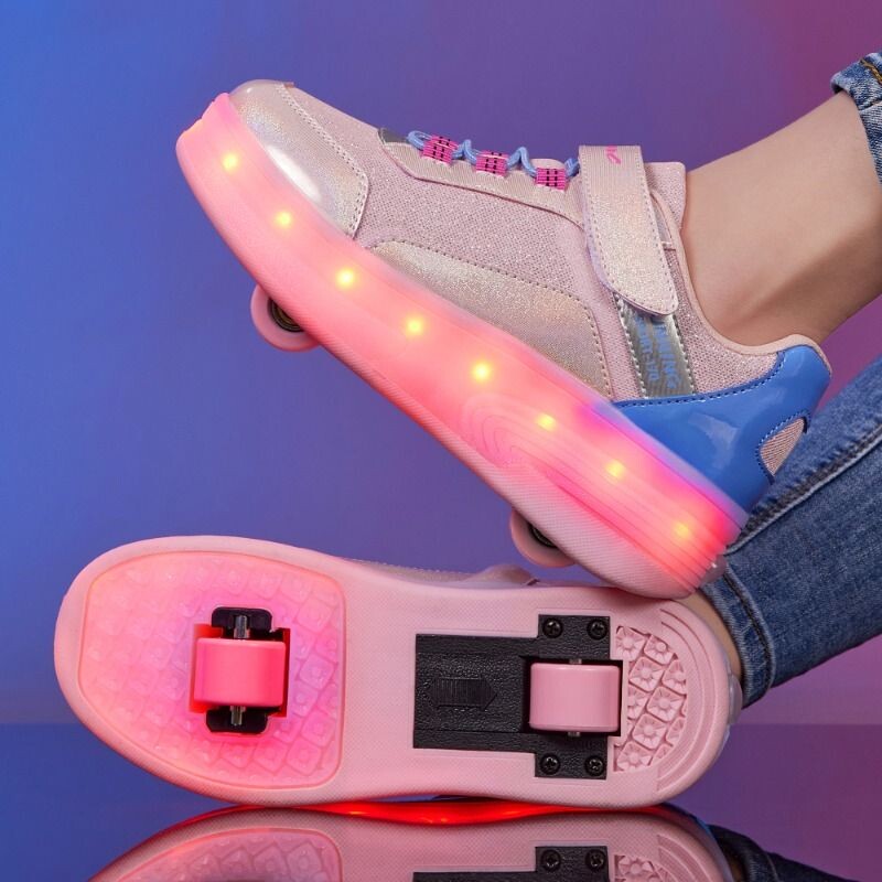 新款儿童发光暴走鞋双轮男童轮滑鞋女童充电轮子鞋学生粉色轱辘鞋