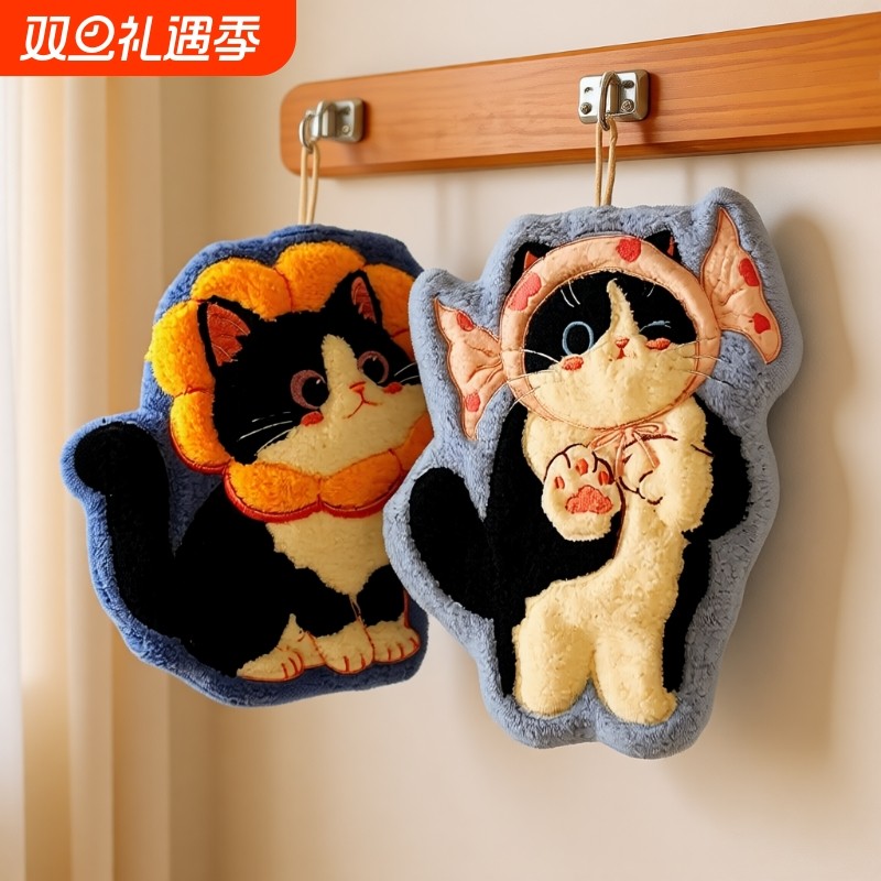可爱擦手巾猫咪挂式吸水布厨房卫生间高颜值可爱儿童毛巾加厚手帕