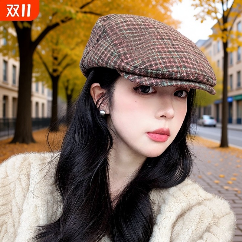 新款复古格子前进帽子女春秋季时尚画家帽显脸小鸭舌贝雷帽潮条纹