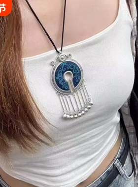 vintage高端手工半圆马尾绣项链民族风吊坠小众女款锁骨链