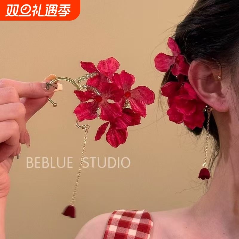 玫瑰之恋~复古红色花朵耳挂无耳洞耳环度假风氛围感海边拍照耳饰