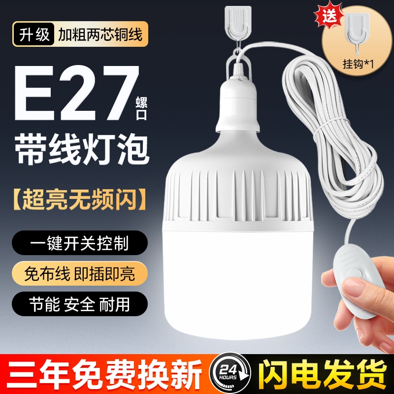LED灯泡家用节能照明灯插电式灯座带插头开关线悬挂式E27螺口灯